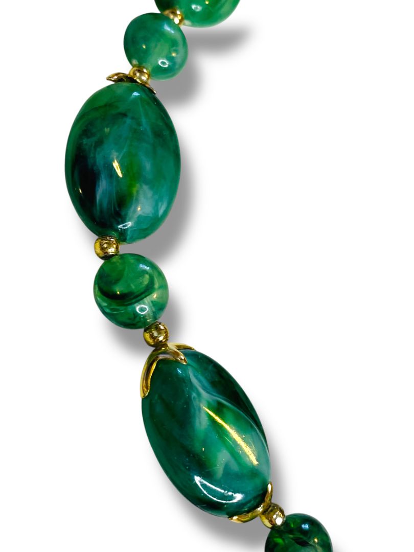 Green Acrylic Bead Necklace Goldtone Spacers Statement 26"