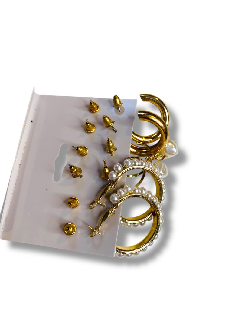 Set of 6 Pierced Earrings New Goldtone Faux Pearl Hoop Studs