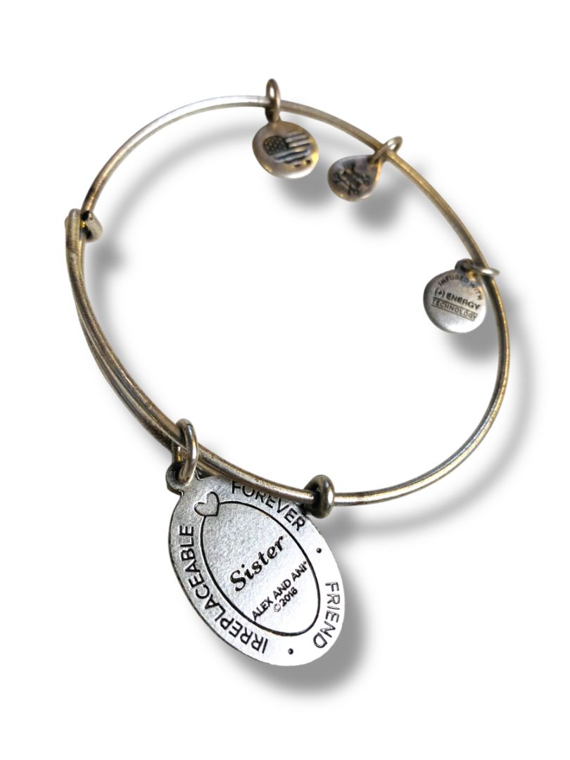 Alex + Ani Silvertone Adjustable Bangle Bracelet Sister Charms