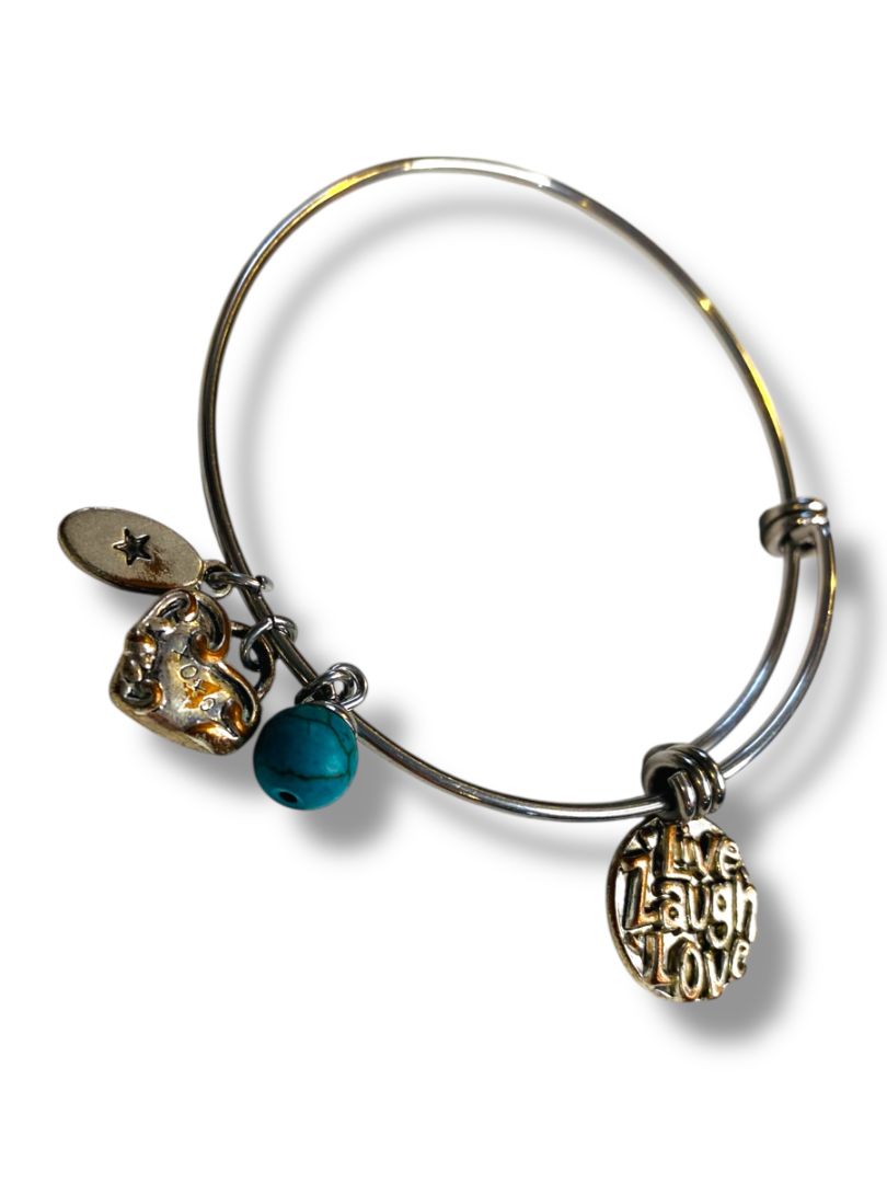 Live Love Laugh Silvertone Adjustable Slide Bangle Bracelet Charms