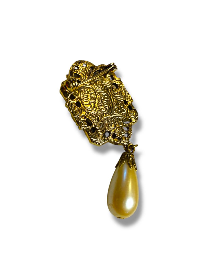 Goldtone and Faux Pearl Brooch Pin 2.5" Ornate Retro