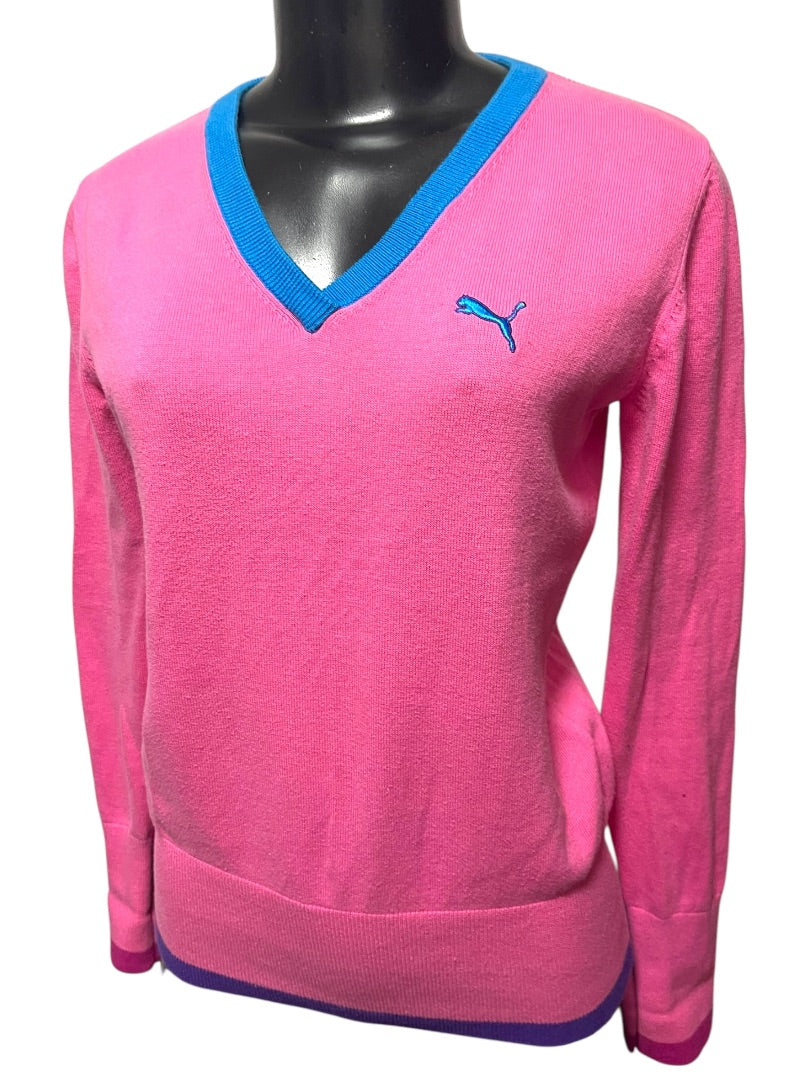 Medium Puma Womens Pink V-Neck Sweater Blue Purple Trim