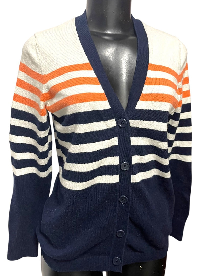 Small LL Bean Womens Striped Cardigan Sweater Cashmere Cotton Blend