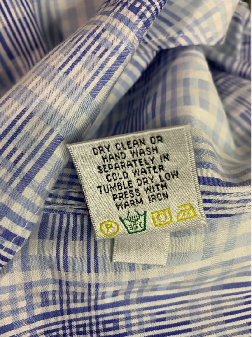 Size XL Bugatchi Mens Blue White Plaid Button Up Dress Shirt Cotton Shaped Fit