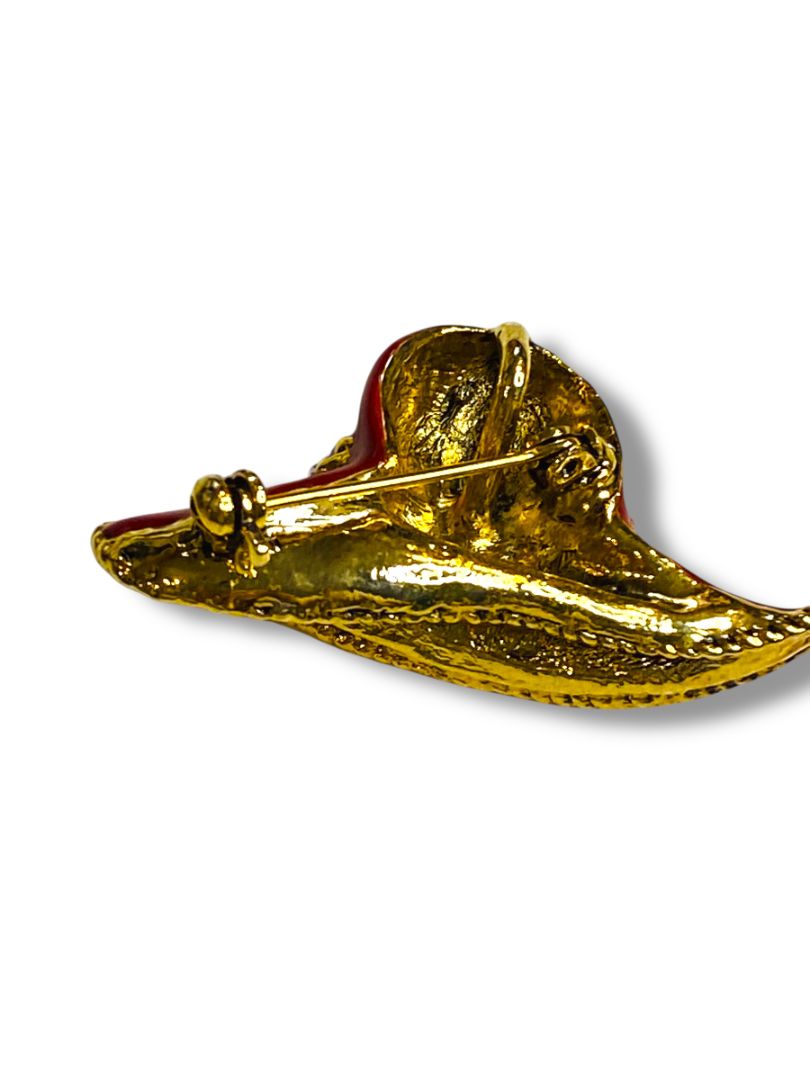 Red Hat Enameled Pin Brooch Goldtone Rhinestones 1.75"