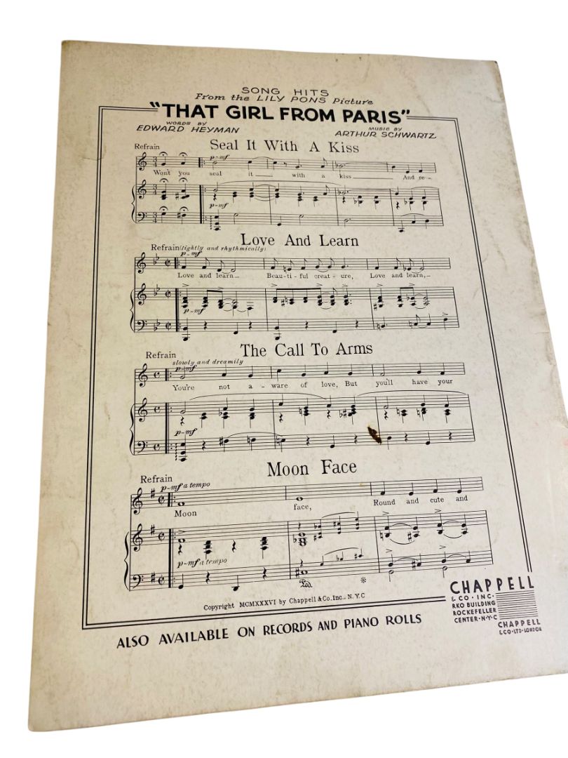 1936 That Girl From Paris Sheet Music Schwartz Heyman Chappell & Co