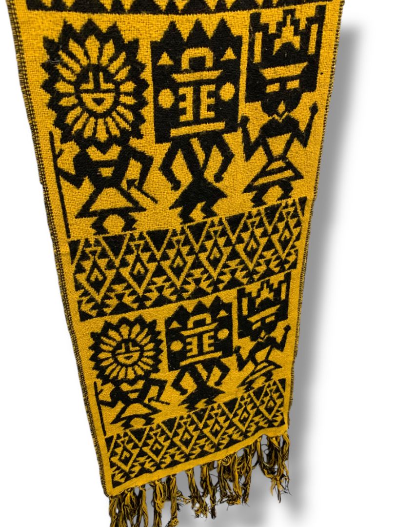 Vintage Sweater Knit Scarf Gold Black Aztec Print Fringed 69" x 9.5"