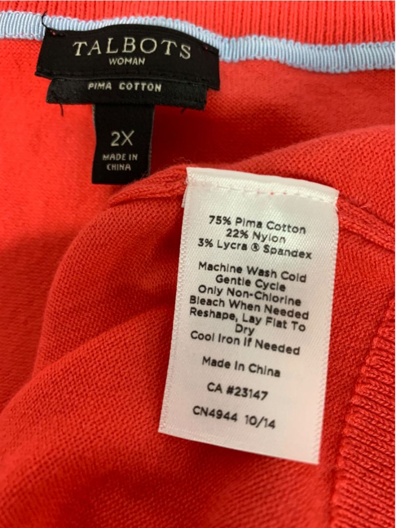 Size 2X Talbots Woman Pima Cotton Coral Sleeveless Sweater Shell