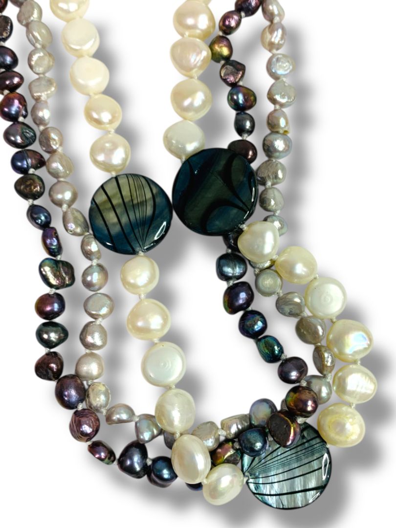 Pearl Zone Triple Strand Beaded Mixed Pearl Necklace Gray White 18.5" New