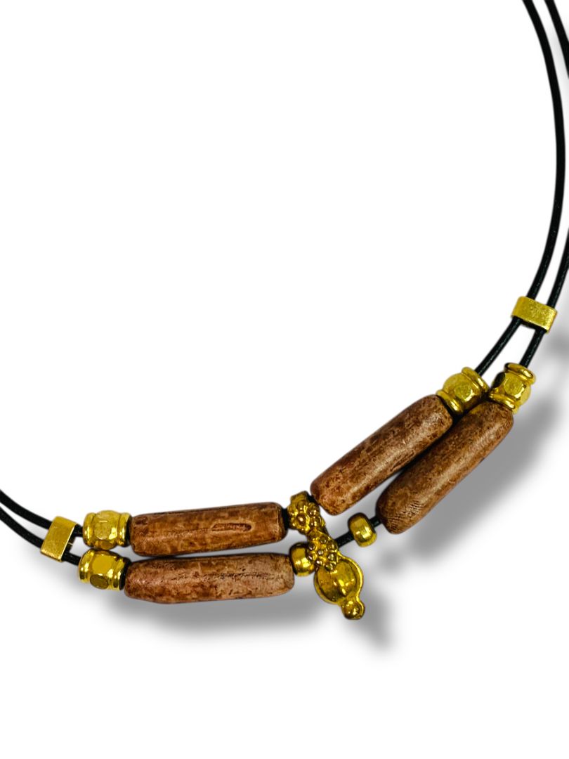 Black Cord Necklace 18" Hook Closure Goldtone Brown Clay Boho