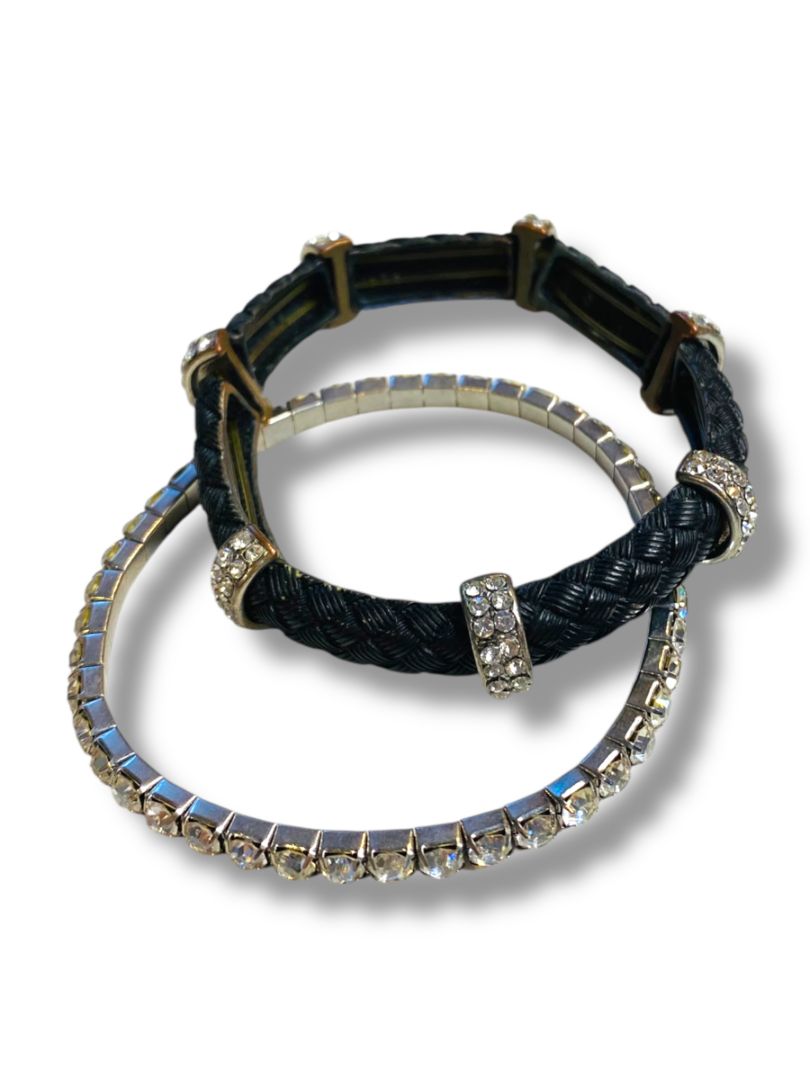 Lot of 2 Stretch Bracelets Rhinestone Faux Leather