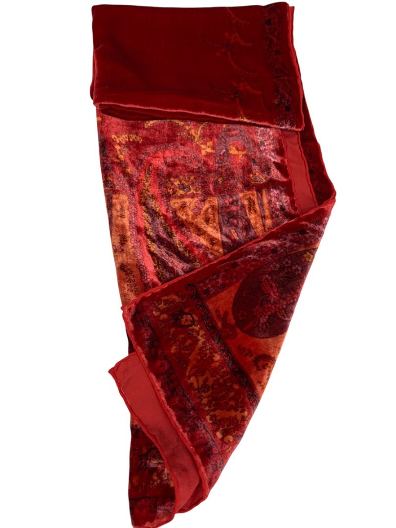 Red Orange Velvet Double Faced Scarf Dressy 15" x 64" Subtle Paisley