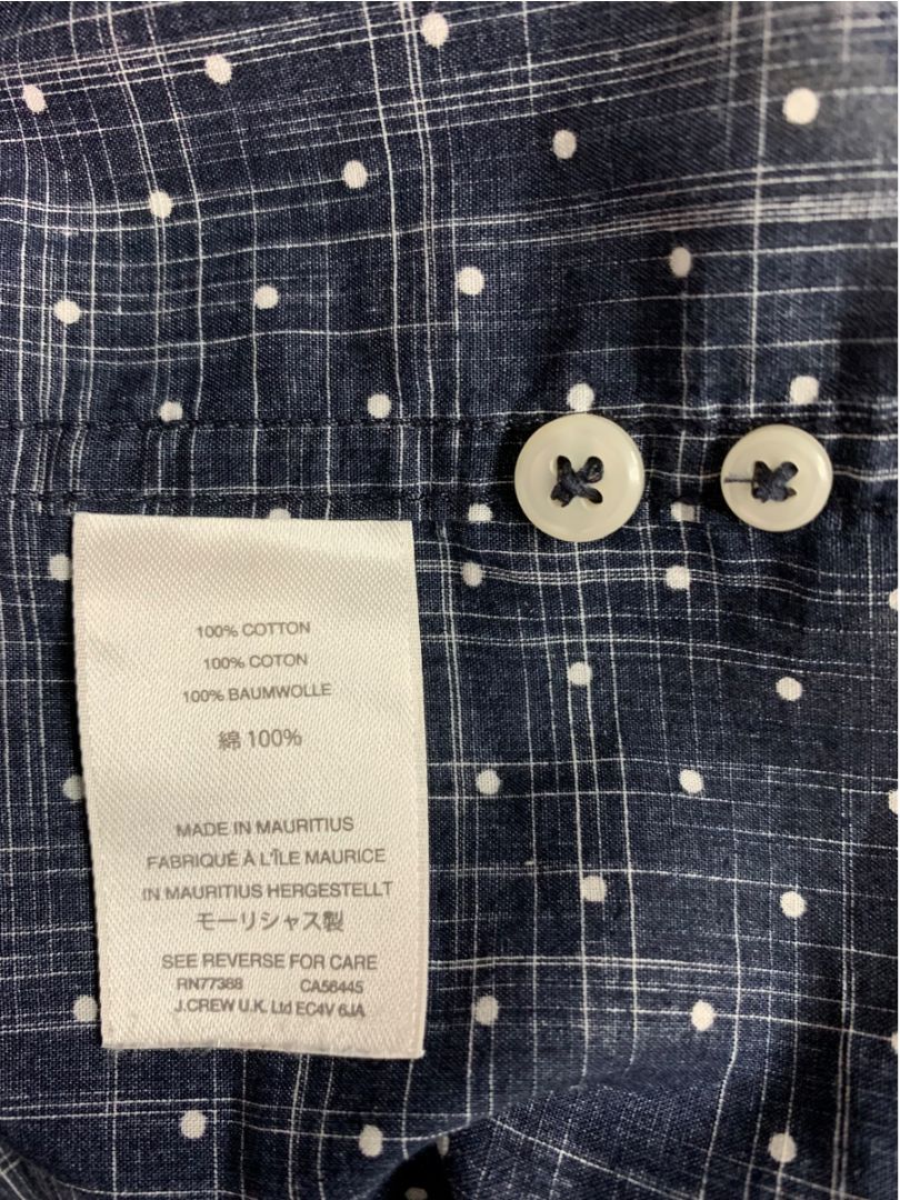 Large J.Crew Mens Short Sleeve Button Up Shirt Navy Blue Polka Dots