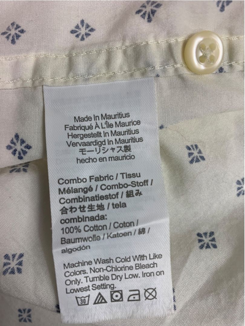 Large J.Crew Mens Short Sleeve Button Up Secret Wash White Blue Print