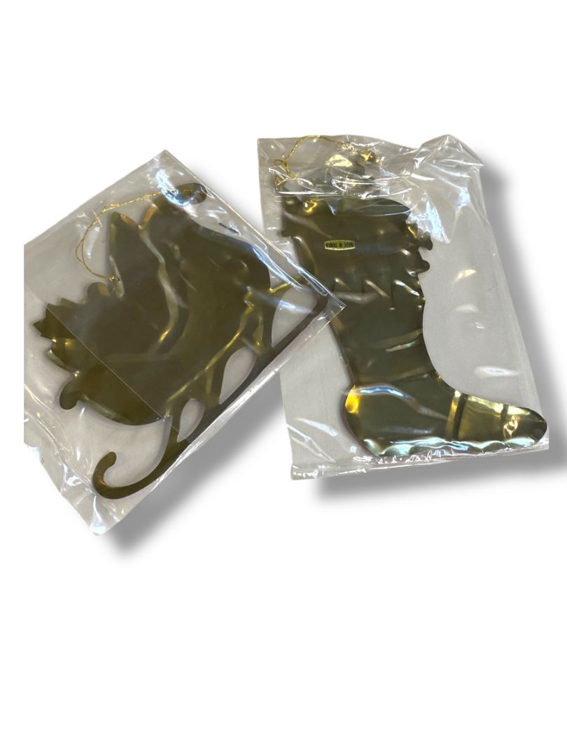 2 New Lillian Vernon Painted Metal Ornaments Vintage 5" Sled Stocking