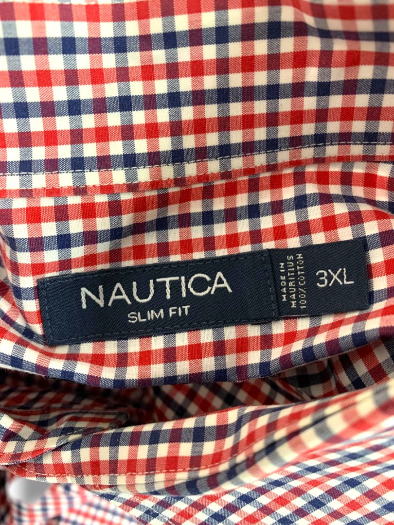 3XL Nautica Slim Fit Mens Button Down Dress Shirt Red White Blue Check Wrinkle Resistant