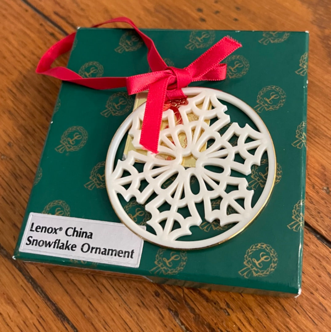 Lenox China Snowflake Ornament in Box Vintage 2.25" Diameter Red Ribbon