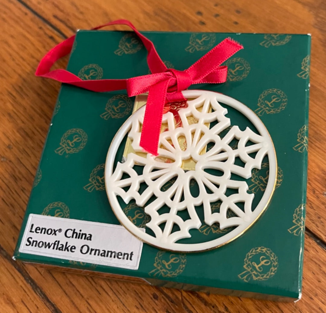 Lenox China Snowflake Ornament in Box Vintage 2.25" Diameter Red Ribbon