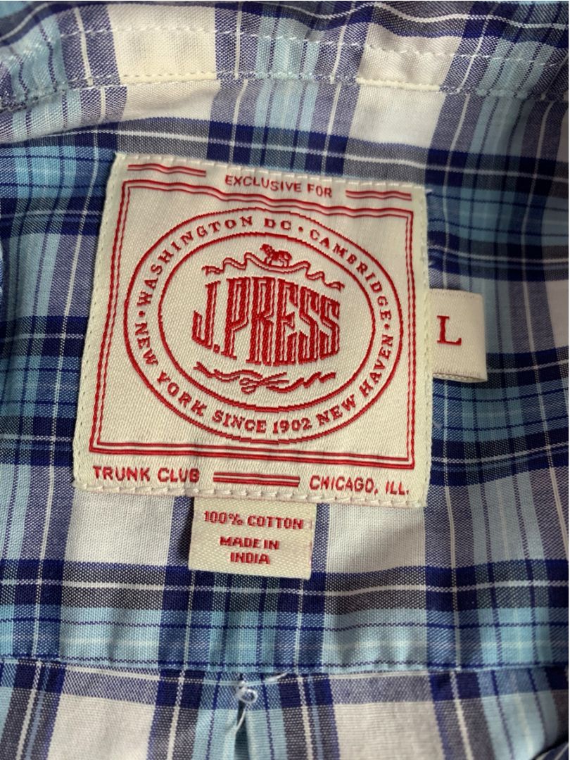 Large J.Press Mens Button Down Shirt Blue Plaid 100% Cotton
