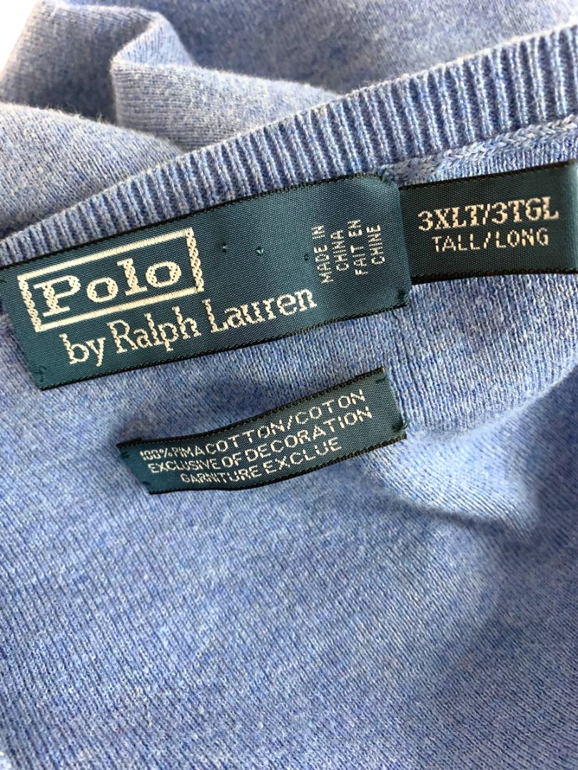 Size 3XLT Polo by Ralph Lauren Mens Blue Tall V-Neck Sweater Pima Cotton