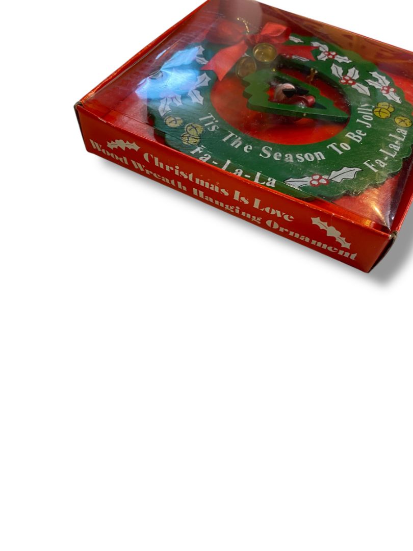 1986 Giftco Christmas is Love Wood Wreath Santa Hanging Ornament 5”