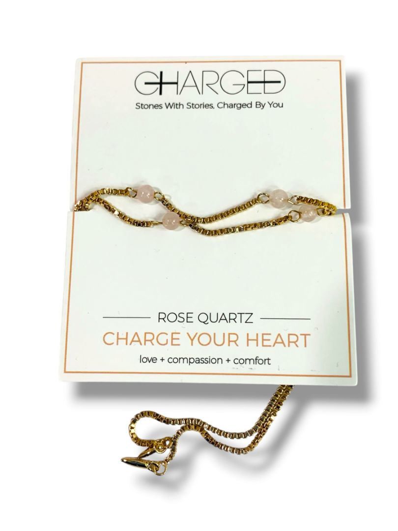 Charged New 18K Gold Plated Rose Quartz Bracelet Double Strand Slide Adjust