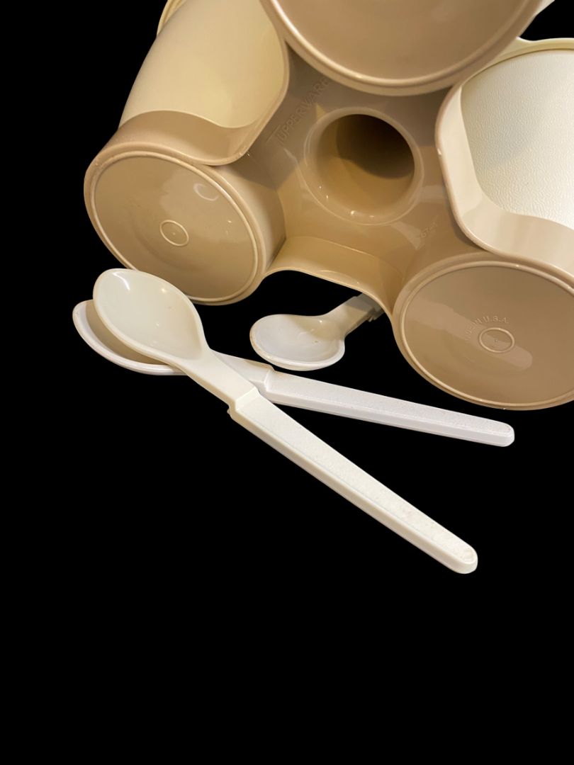 Vintage Tupperware Complete Condiment Caddy Beige Almond with Spoons