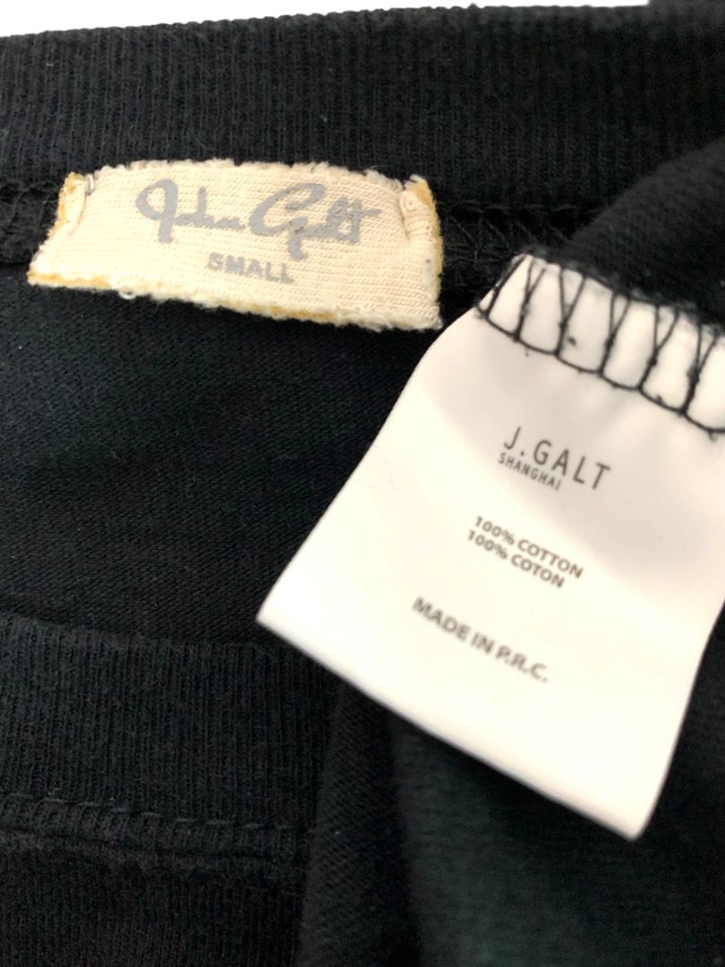 Small John Galt Womens Black Pullover Shirt Two White Sleeve Stripes