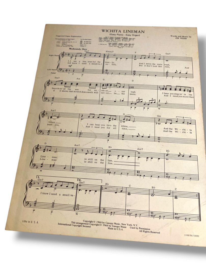 1968 Wichita Lineman Sheet Music Glen Campbell Jim Webb Canopy Music