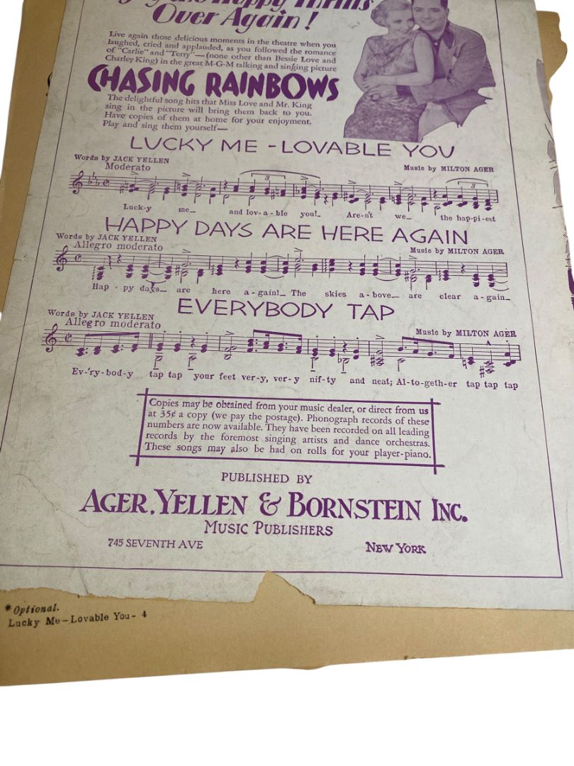 1929 Lucky Me-Lovable You Sheet Music Chasing Rainbows Ager Yellen & Bernstein