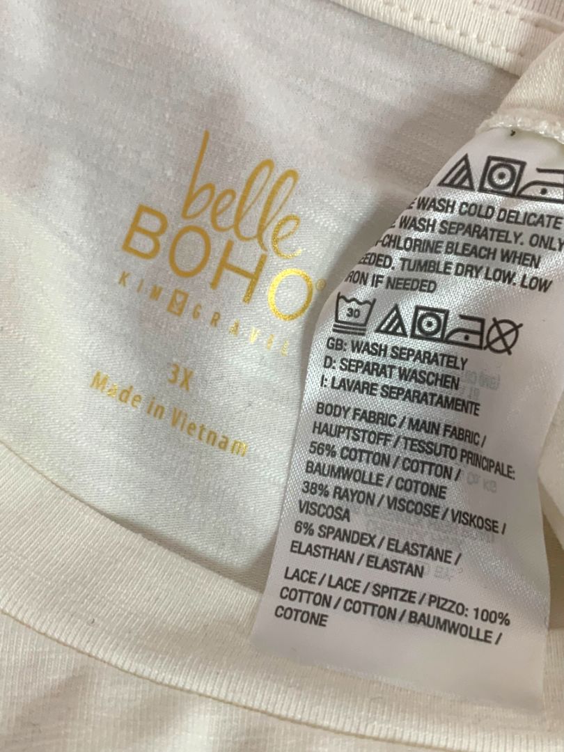 Size 3X Belle Boho Kim Gravel Long Sleeve Womens Plus Shirt Ivory Crochet Detail