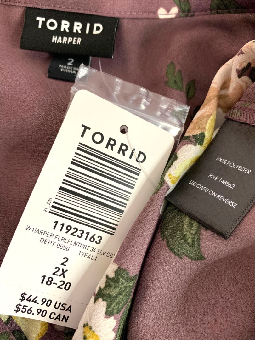 2X Torrid Harper New Womens Slightly Sheer Blouse Floral Roll Tab Sleeve