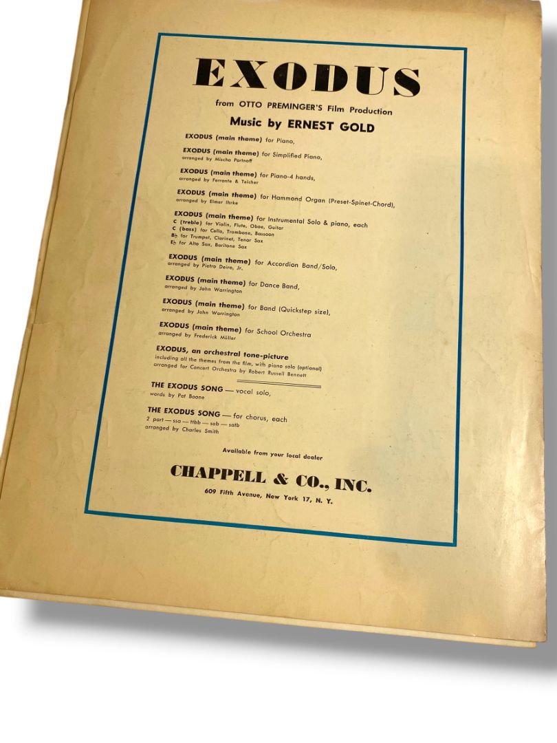 1961 The Exodus Song Sheet Music Ernest Gold Pat Boone Chappell & Co Inc