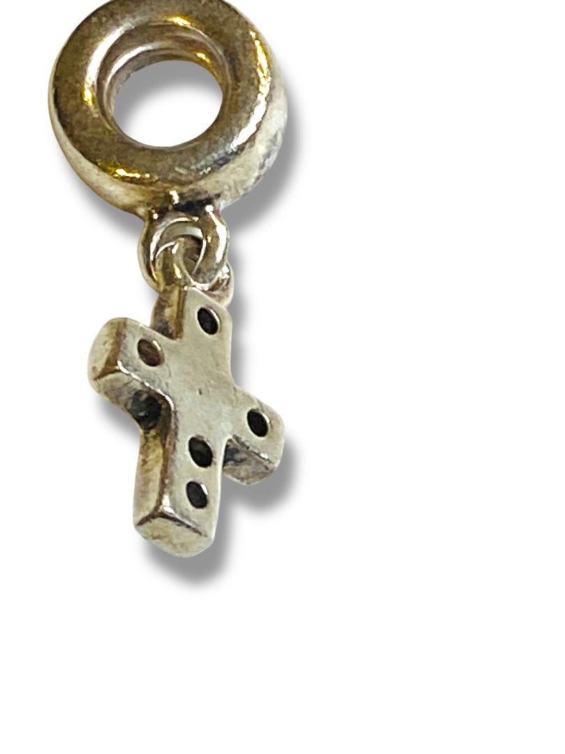 Pandora Sterling Silver 925 Dangling Cross Charm Slide Bead Blue Cubic Zirconia