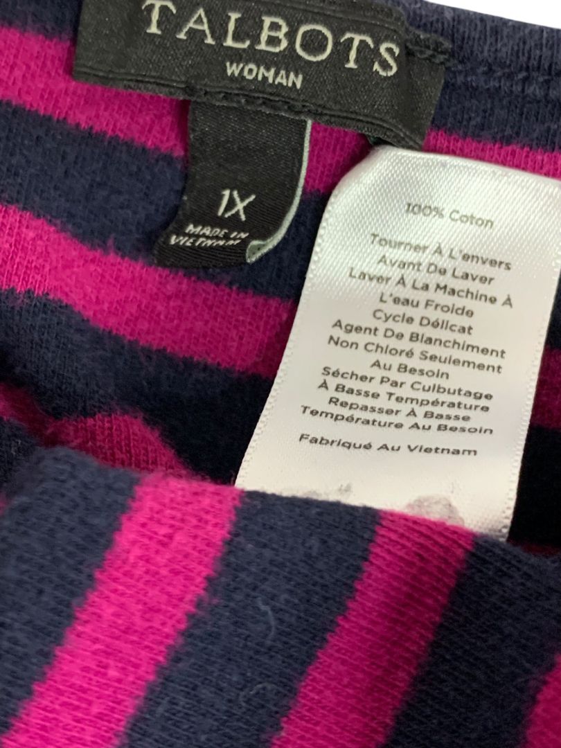 Size 1X Talbots Plus Size Womens Knit Dress Striped Magenta Navy Ruffle Sleeve