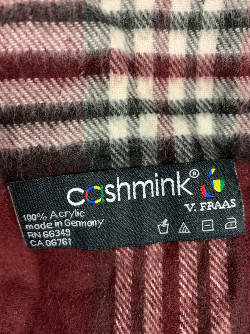 Cashmink Burgundy Plaid Scarf Fringe Soft Made in Germany 73" x 16"