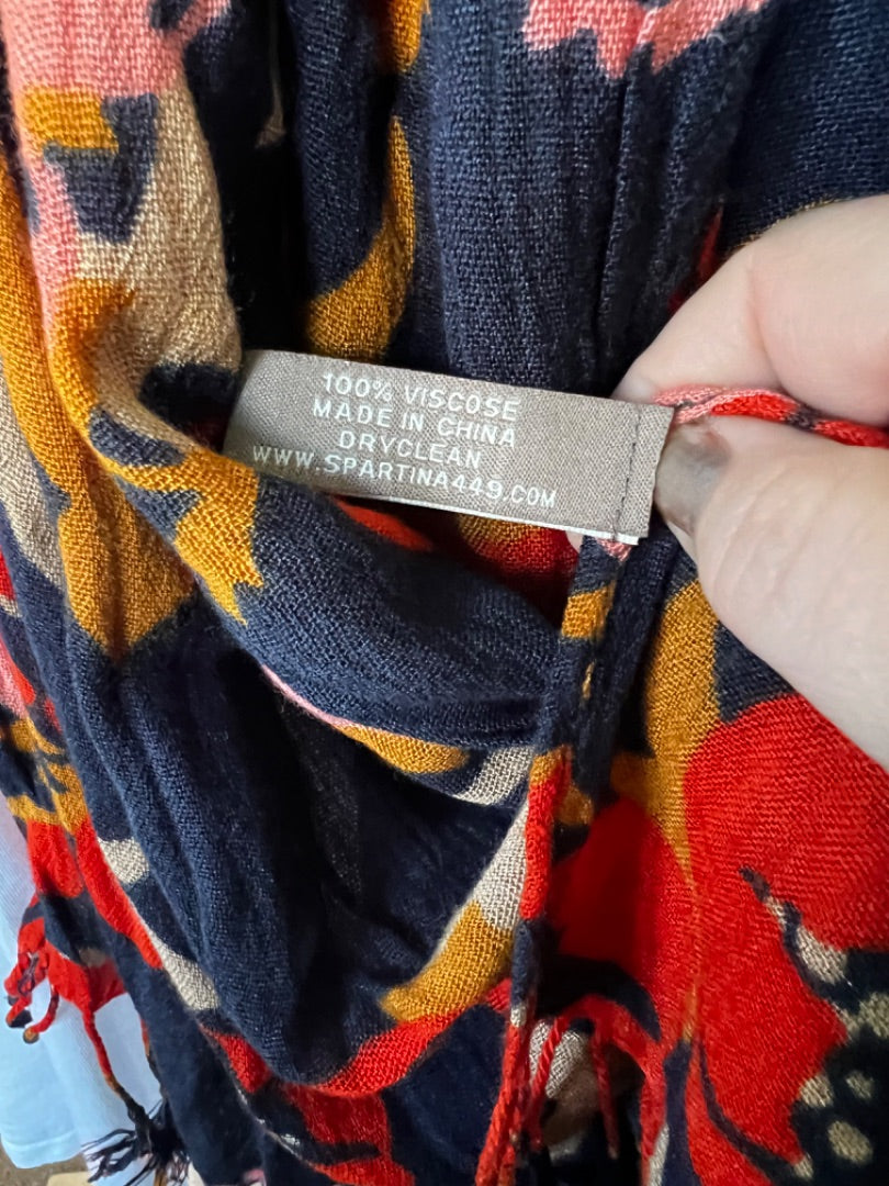 Spartina Navy Pink Orange Floral Scarf Long Fringed 25" x 80"