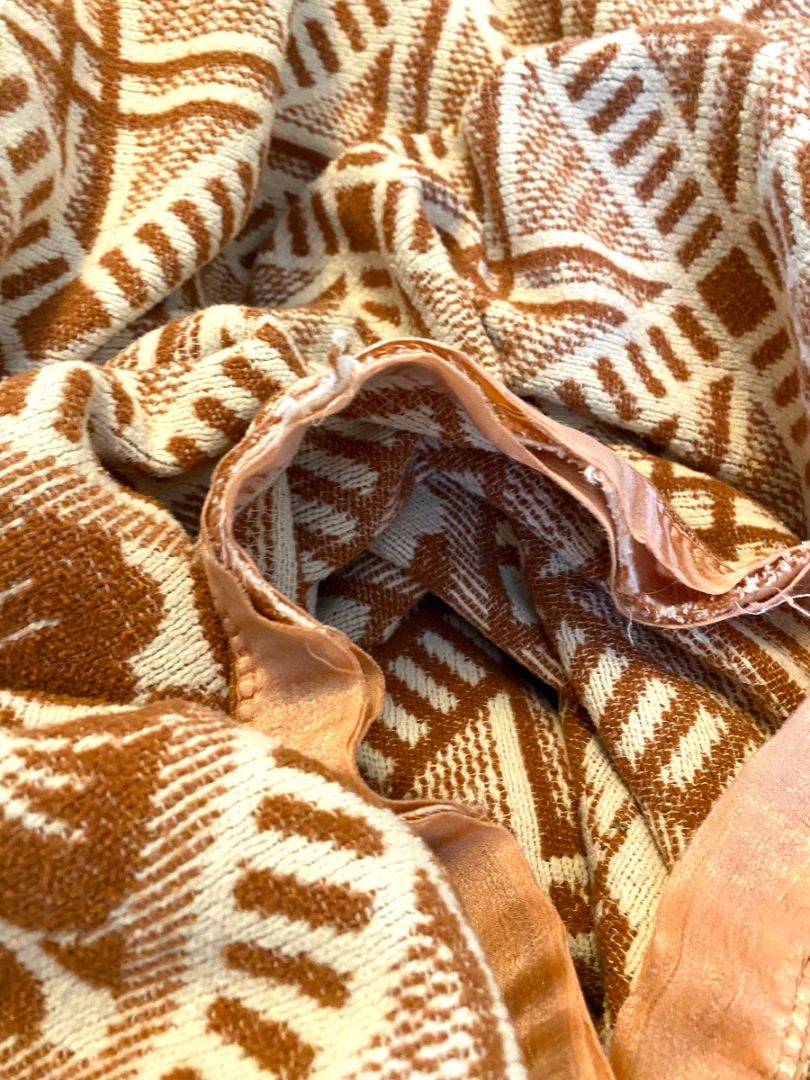 Vintage Woven Brown Cream Floral Geometric Blanket XLong 68'" x 148"