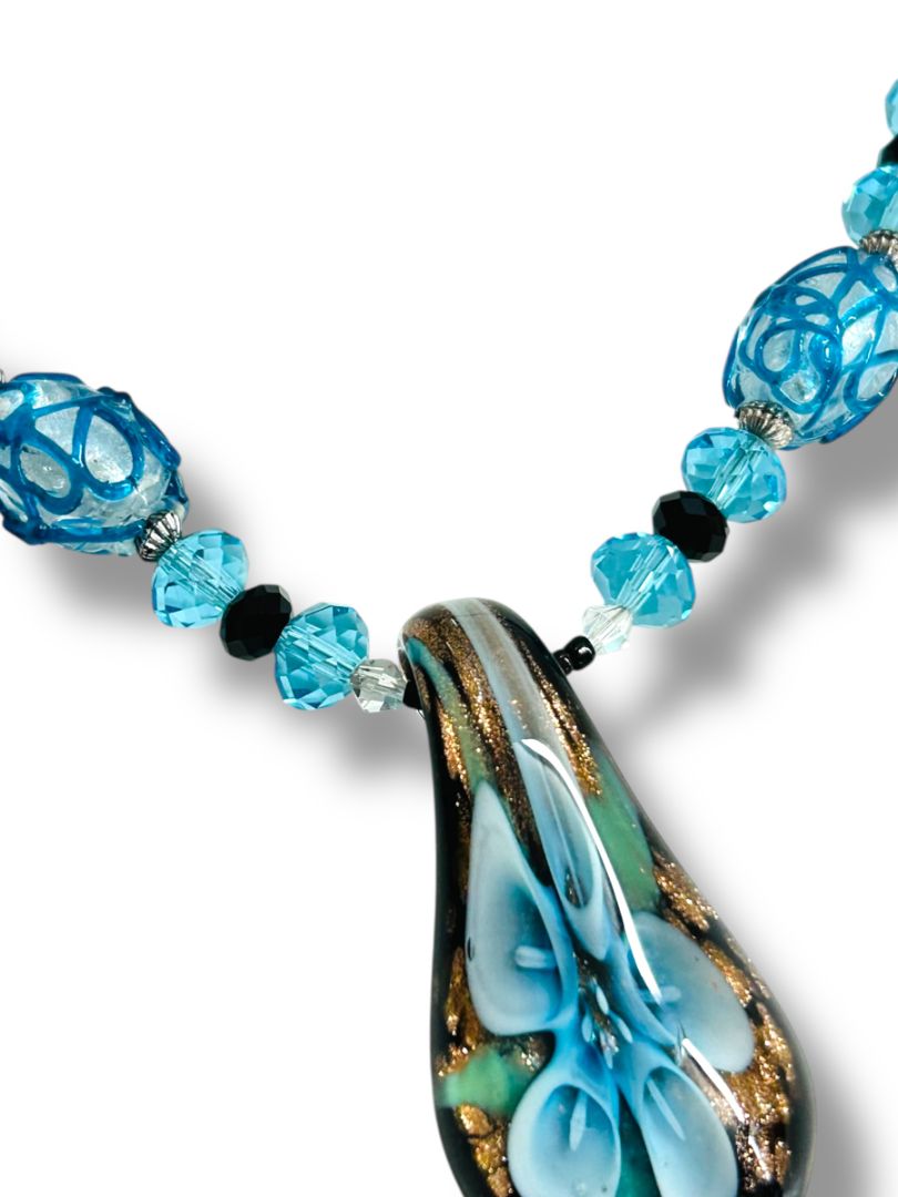 Blue Glass Beaded Necklace Black Velveteen 16-17.5" Pendant 2"