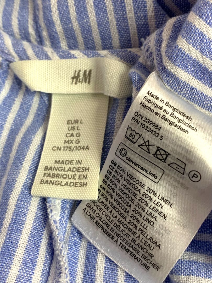 Large H&M Blue White Shift Dress Spaghetti Strap Stripe Linen Blend Summer