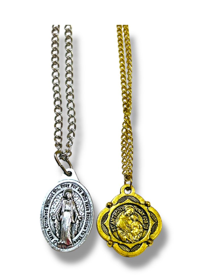 Lot of 2 Religious Medal Necklaces Mary St Anthony 20" Chains