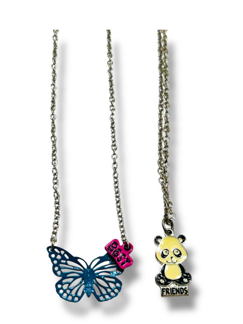 Lot of 2 Silvertone Pendant Necklaces 15-17.5" Panda Butterfly