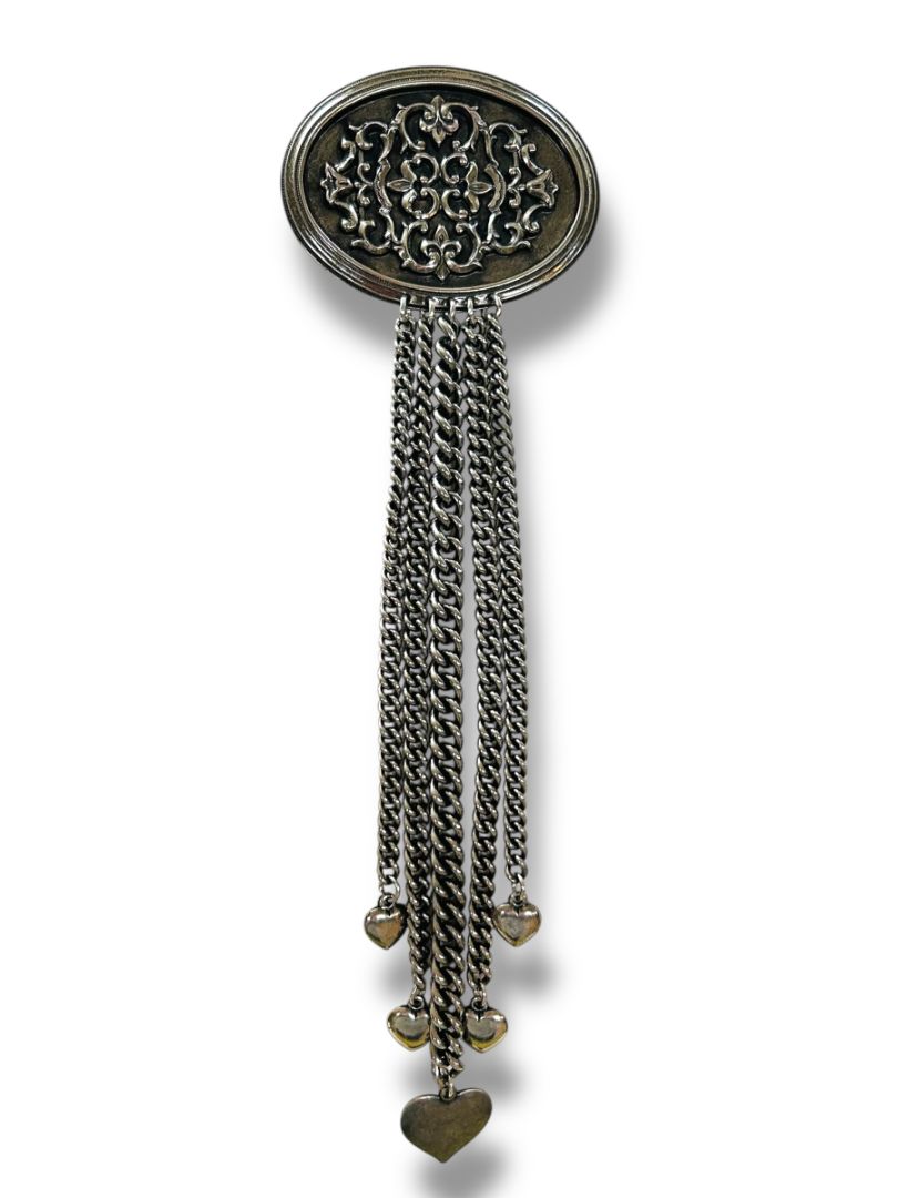 Silvertone Pewter Color Oversize Brooch Pin Fringe Hearts 9.5"