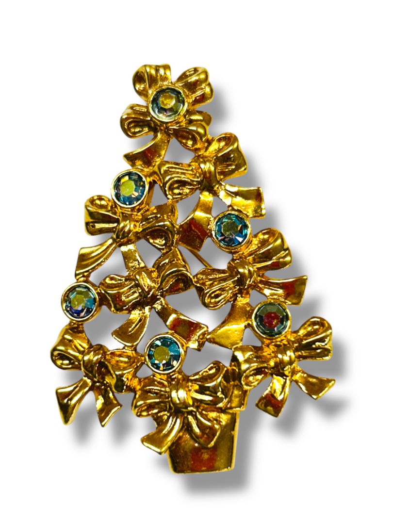Goldtone Christmas Tree Brooch Pin Blue Green Accents Bows 2.25"