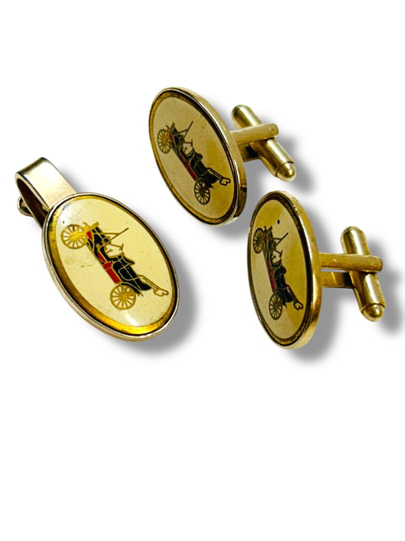 Vintage Cufflink and Tie Clip Bar Set Antique Car Bullet Back