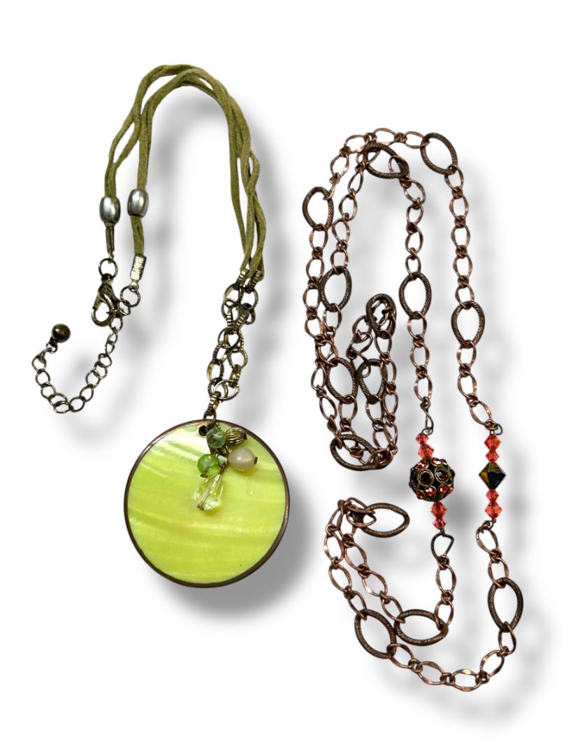 Lot of 2 Necklaces Green Shell Pendant 22" Brass Color Coral 17"