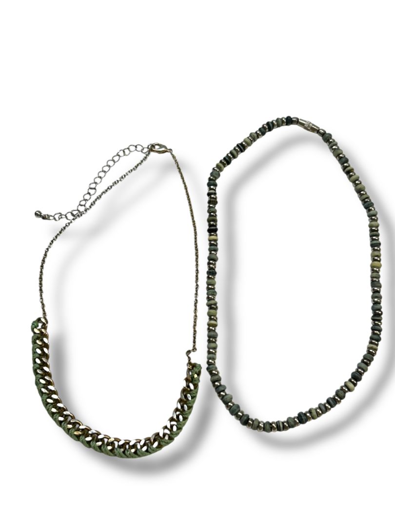 Lot of 2 Necklaces Blue Green Beaded String Woven Chain 16-19"
