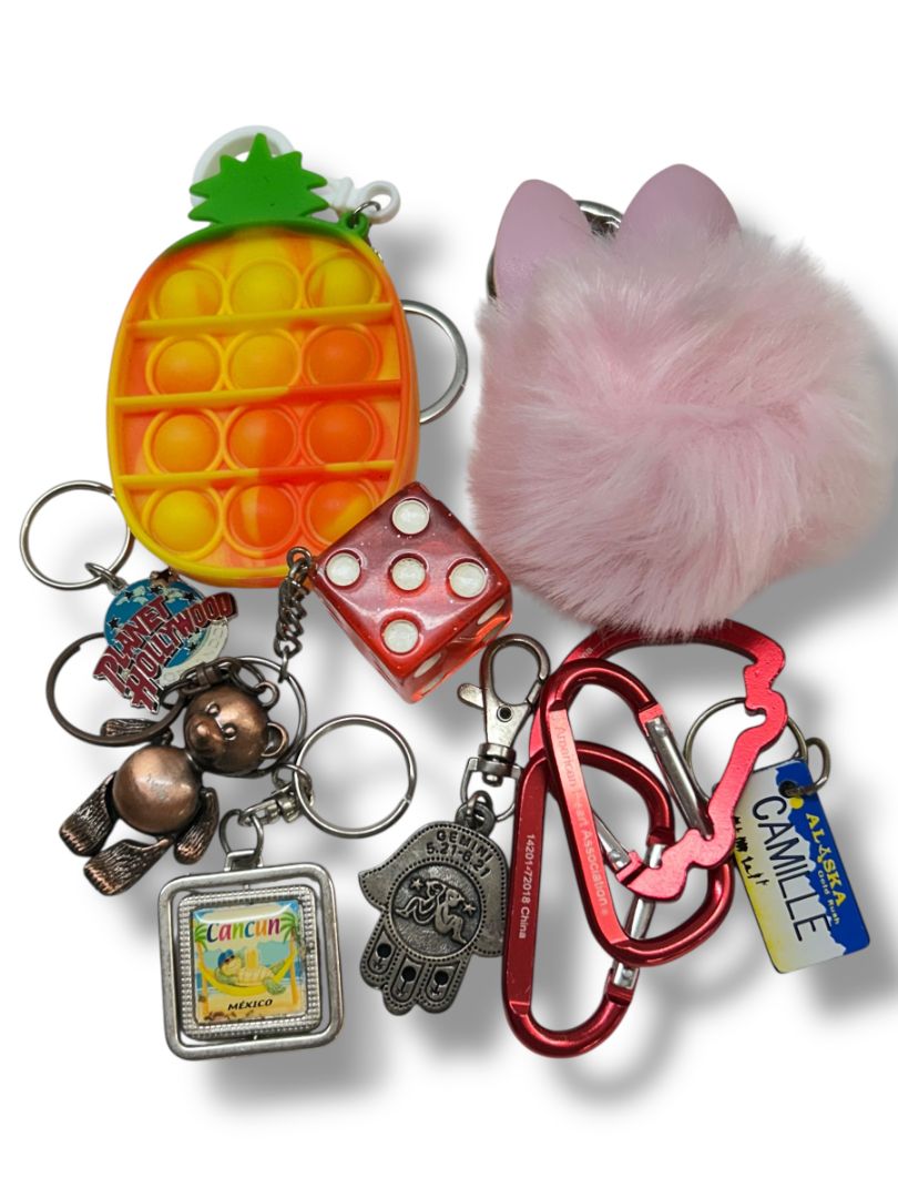 Lot of 9 Assorted Keychains Key Rings Clips Pineapple Fuzzy Dice Cancun
