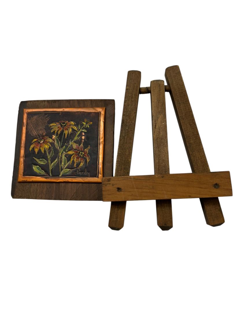 Vintage Small 4" x 6" Painting Signed Purdy on Copper Flowers on Easel