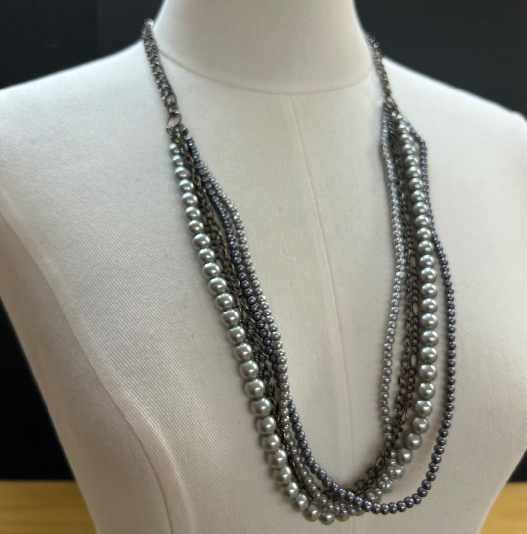 Multistrand Gray Pewter Color Faux Pearl Necklace 23-30 Inches Lobster Clasp